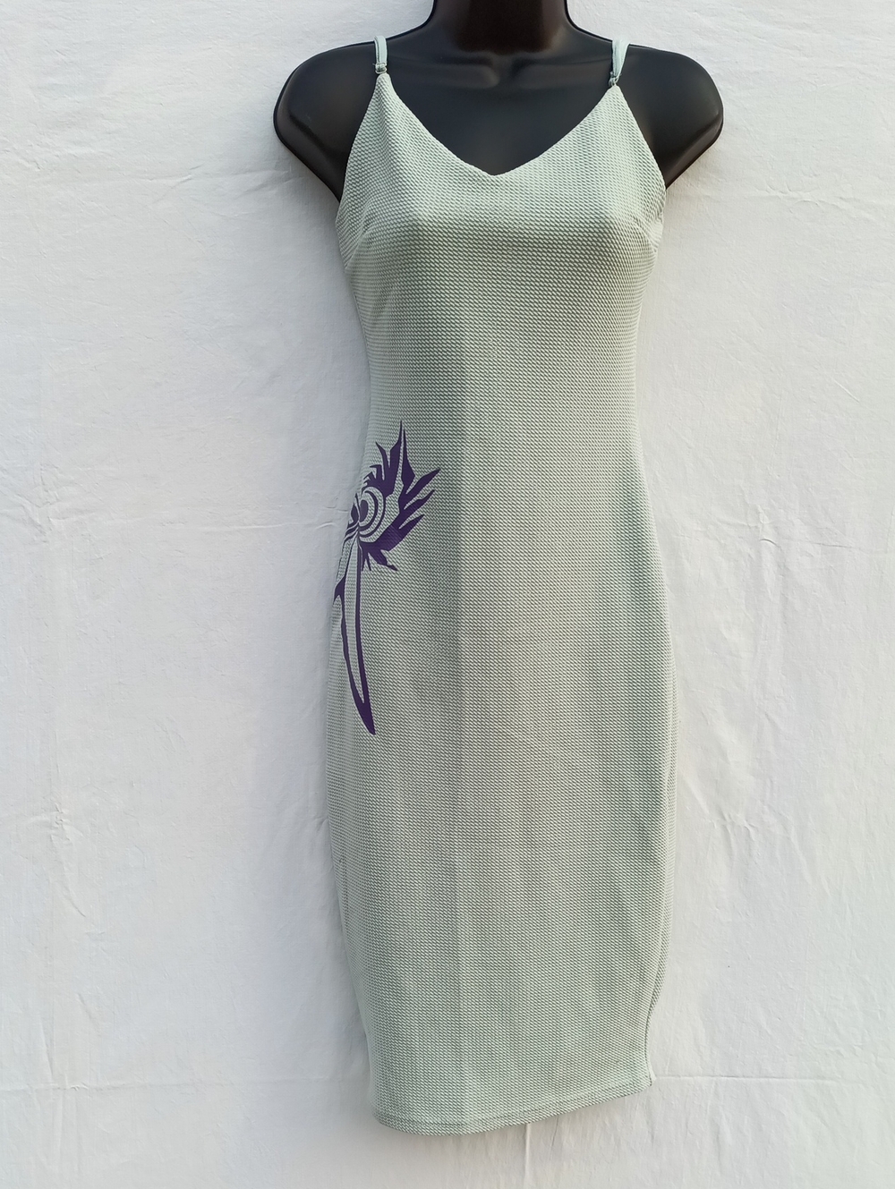 Revamped Sage Green Slip Midi Dress Upcycled with Bold Purple Silhouette Graphic